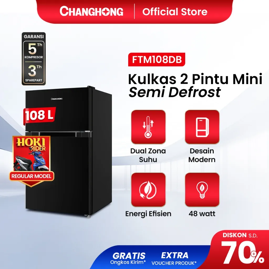 New Changhong Kulkas 2 pintu Mini (Refrigerator) Lemari Es Kapasitas 108 Liter – Black FTM108DB (Semi Defrost ) (Ajustable Door Bisa DiBuka Dari Kanan/Kiri) (Penyimpanan Besar) (Pintu Fleksibel) (Freezer Yang Terpisah) (Pembekuan Cepat)