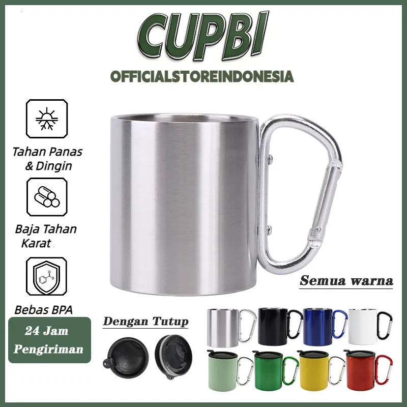 Gelas Stainless Steel Dinding Ganda 200ml, Gelas Perjalanan Luar Ruangan Terisolasi dengan Pegangan Kait Karabiner Tahan Panas, Cocok untuk Berkemah