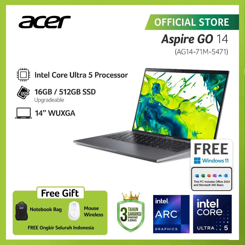 (BEST SELLER FREE MOUSE WIRELESS) ACER LAPTOP ASPIRE GO 14 AG14-71M-5471 14" WUXGA INTEL CORE ULTRA 5 125H RAM 16GB STORAGE 512GB SSD INTEL ARC GRAPHICS WINDOWS 11