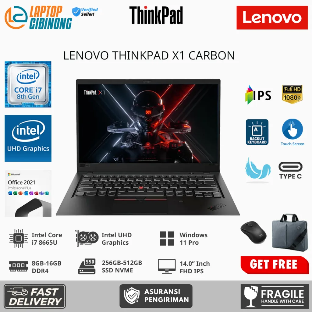 Laptop Touchscreen Lenovo Thinkpad X1 Carbon Intel core i7 8665U 16GB 1TB SSD 14" FHD IPS Win11Pro