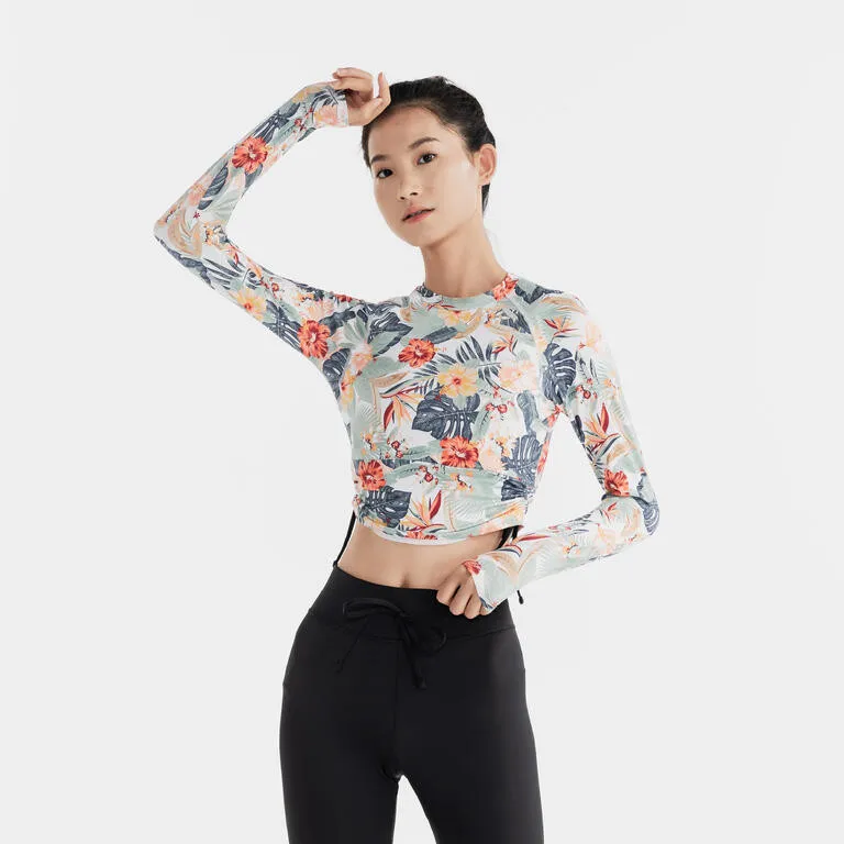 Decathlon OLAIAN Baju Lengan Panjang Anti UV Selancar Wanita Motif Bunga Hijau/Putih - 8861177