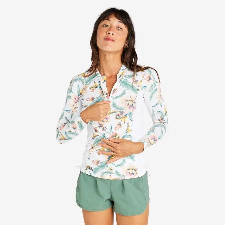 Decathlon OLAIAN Baju Lengan Panjang Selancar Anti UV + Resleting Wanita Motif Bunga Putih - 8800464