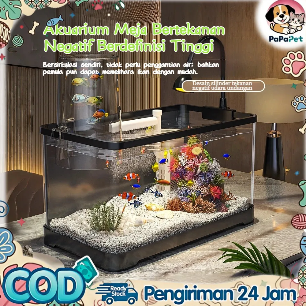 PAPAPET Akuarium 360 Derajat Meja dengan LED dan Pompa Otomatis, Cocok untuk Ikan Tropis Kejernihan Kristal