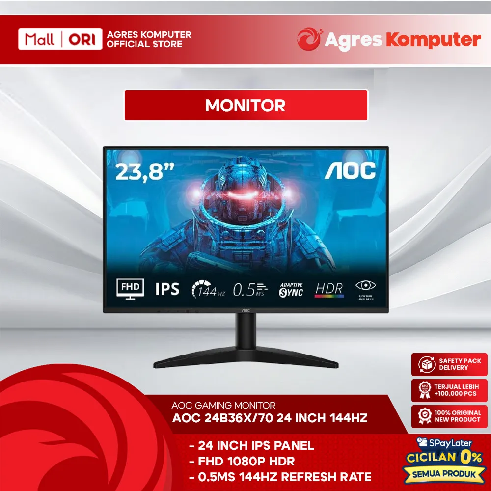 AOC GAMING MONITOR 24 INCH IPS FHD 1080P 0.5MS 144HZ 24B36X/70 HDR 10 3Y ON SITE