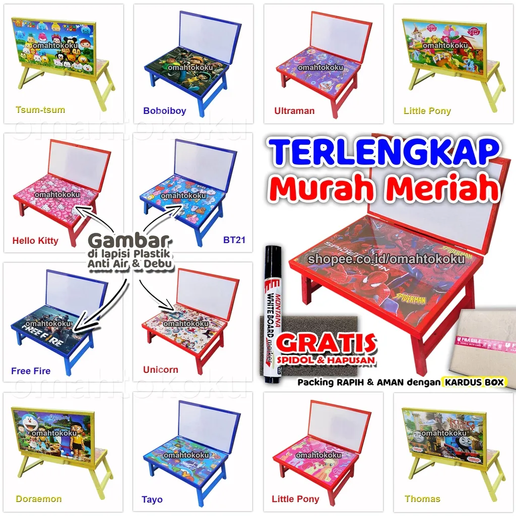 Meja Belajar Plus Papan Tulis Lipat Karakter Anak Minimalis GRATIS SPIDOL dan PENGHAPUS 30x40x24 mini gambar DILAPISI PLASTIK ANTI AIR