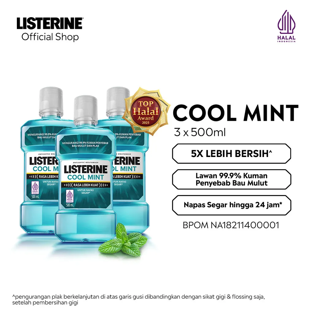 LISTERINE Cool Mint Antiseptic Mouthwash / Obat Kumur Antiseptik - 500ml - Isi 3