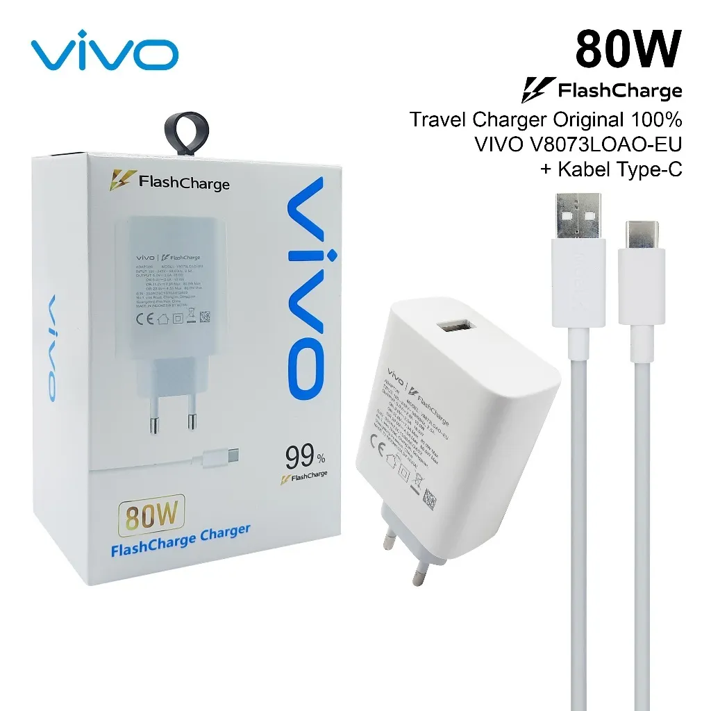 Charger VIVO VOOC FAST CHARGING Original Casan HP VIVO V8073LOAO-EU 80W + Kabel TYPE-C ORI 100