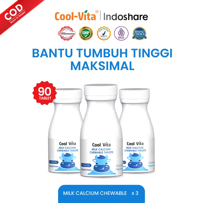 Coolvita 3 Botol Calcium Chewable - Tablet Kunyah Suplemen Kalsium dengan Susu New Zealand untuk Kebutuhan Kalsium Harian, Memperkuat Tulang, Otot dan Gigi - Original dan BPOM
