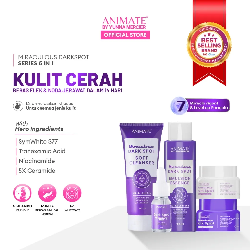 Animate Miraculous Dark Spot Series 5in1 Paket Skincare Memudarkan Bekas Jerawat Mencerahkan Kulit Kering Berminyak Normal Berjerawat Niacinamide Ceramide