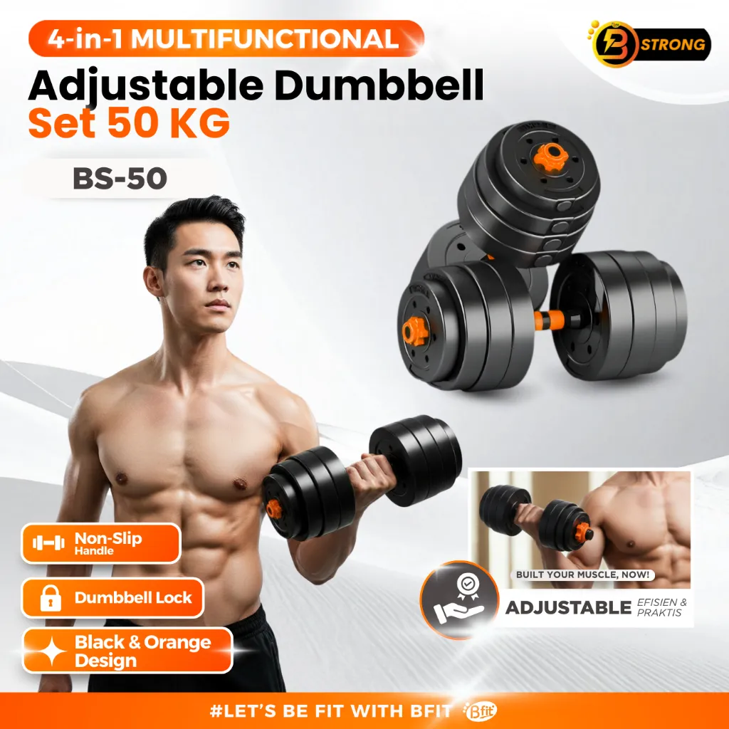 B-STRONG BS-50 Adjustable Dumbbell Set 50KG - 4-IN-1 Barbell Kettlebell Push-Up Alat Fitness Gym