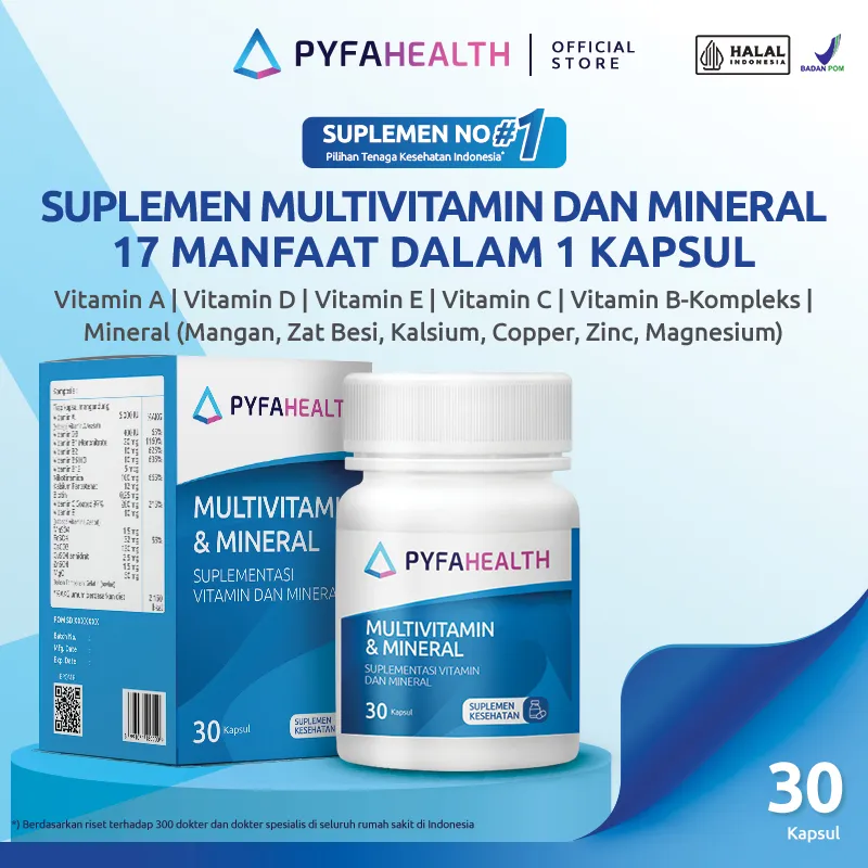 [HALAL BPOM] Pyfahealth Multivitamin & Mineral 17 in 1 - Suplemen 30 Kapsul | Mengandung Vitamin A, B, C, D, E, Mangan, Zat Besi, Kalsium, Zinc | Menjaga Imunitas Tubuh
