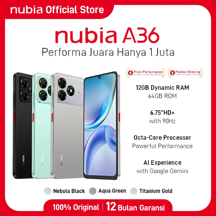 Handphone nubia A36 ROM 64GB RAM 12GB (4+8GB) Smartphone Kamera AI 13MP Layar 6.75" 90Hz, Baterai 5000mAh Fast Charging