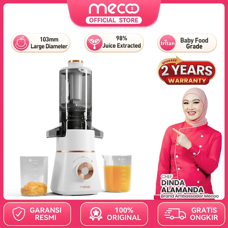 Mecoo Aesthetic Slow Juicer Classic Cold Press Extra Big Mouth Easy Juice Filter-Free Easy Clean 100 Low Watt