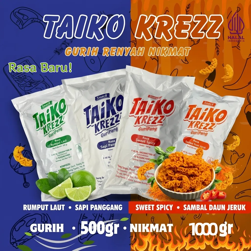 COD Taiko Krezz Guripang 500g/1000g, Sapi Spicy Rumput laut camilan puffed makanan puffed daribahan baku berkualitas Keripik Gurita Octopus Roasted Snack Food Kripik Crispy