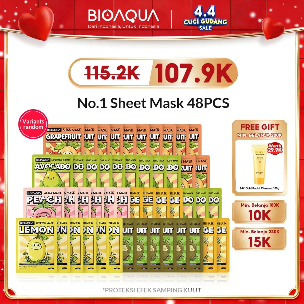 BIOAQUA Fruit Sheet Mask Masker Wajah Mix 24pcs / 48pcs SheetMask Face Mask Masker Muka Untuk All Skin Types Brightening Glowing Masker Muka / Acne Care / Skin Barrier /Mengecilkan Pori-Pori