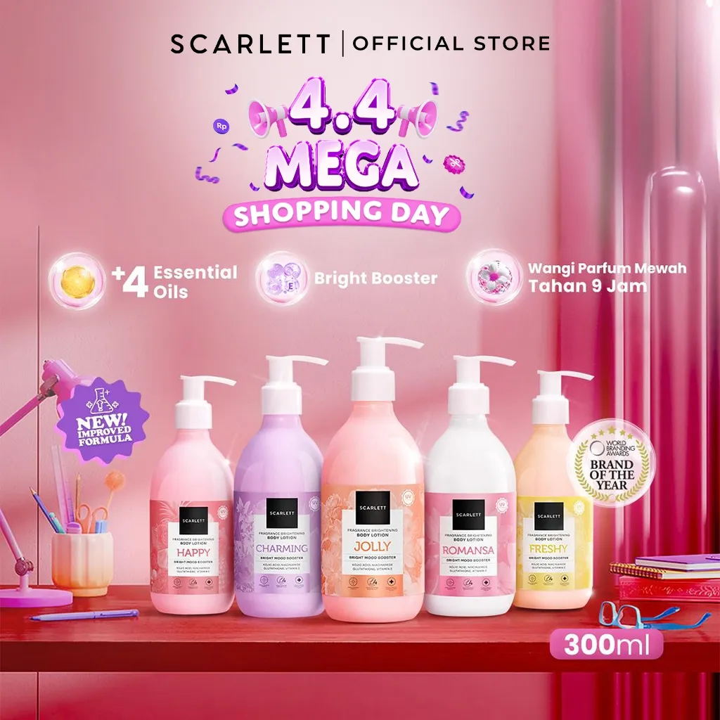 SCARLETT Fragrance Brightening Body Lotion Bright Mood Booster 300ml +4 Essential Oils 3X  Brightening Power | Solusi Untuk Kulit Kering | Menenangkan, Mencerahkan Kulit, Wangi Tahan Seharian