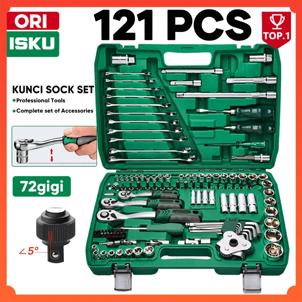 ISKU Kunci Shock Set 121 Pcs Kotak Alat Bengkel Mobil Motor Lengkap Kunci Sok Ring Pas Ratchet Wrench Koper Perkakas Mekanik Otomotif Heavy Duty CR-V Obeng Kunci L Busi Tool Kit Torsi Tinggi Tahan Banting Profesional Auto Repair Hand Tools Set Baja Kuat