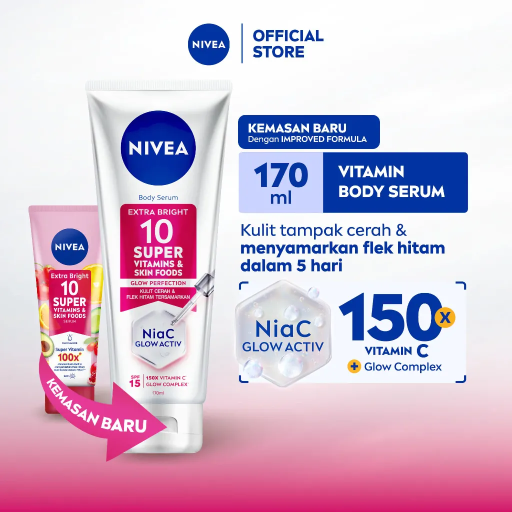 NIVEA Body Serum Extra Bright 10 Super Vitamins SPF15 180ml - Hand body serum lotion moisturizer menyamarkan noda flek hitam dark spot mencerahkan kulit kusam badan glowing brightening tone up melembabkan - 10x Vitamin C, Niacinamide, Pomegranate