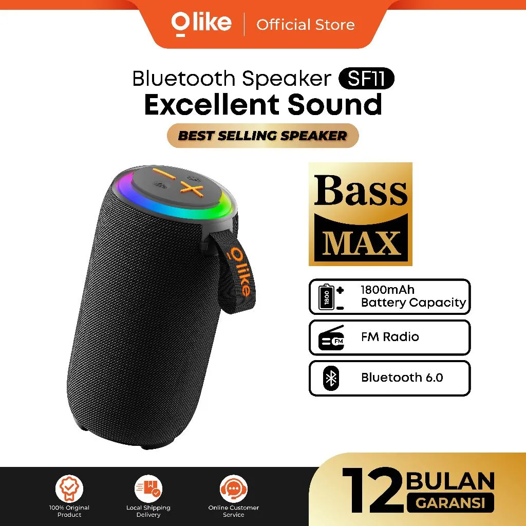 OLIKE Speaker Bluetooth SF11 HD Audio Super Bass + Radio FM | IPX4  | 8 Jam Playtime | Bluetooth 6.0