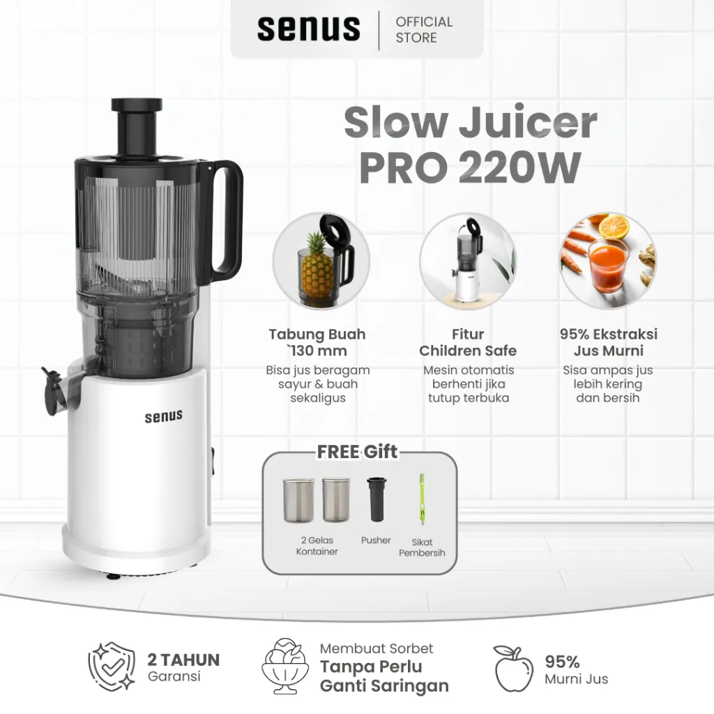Senus Slow Juicer PRO 220W - Pengekstrak buah 95% tanpa ampas  mudah dibersihkan
