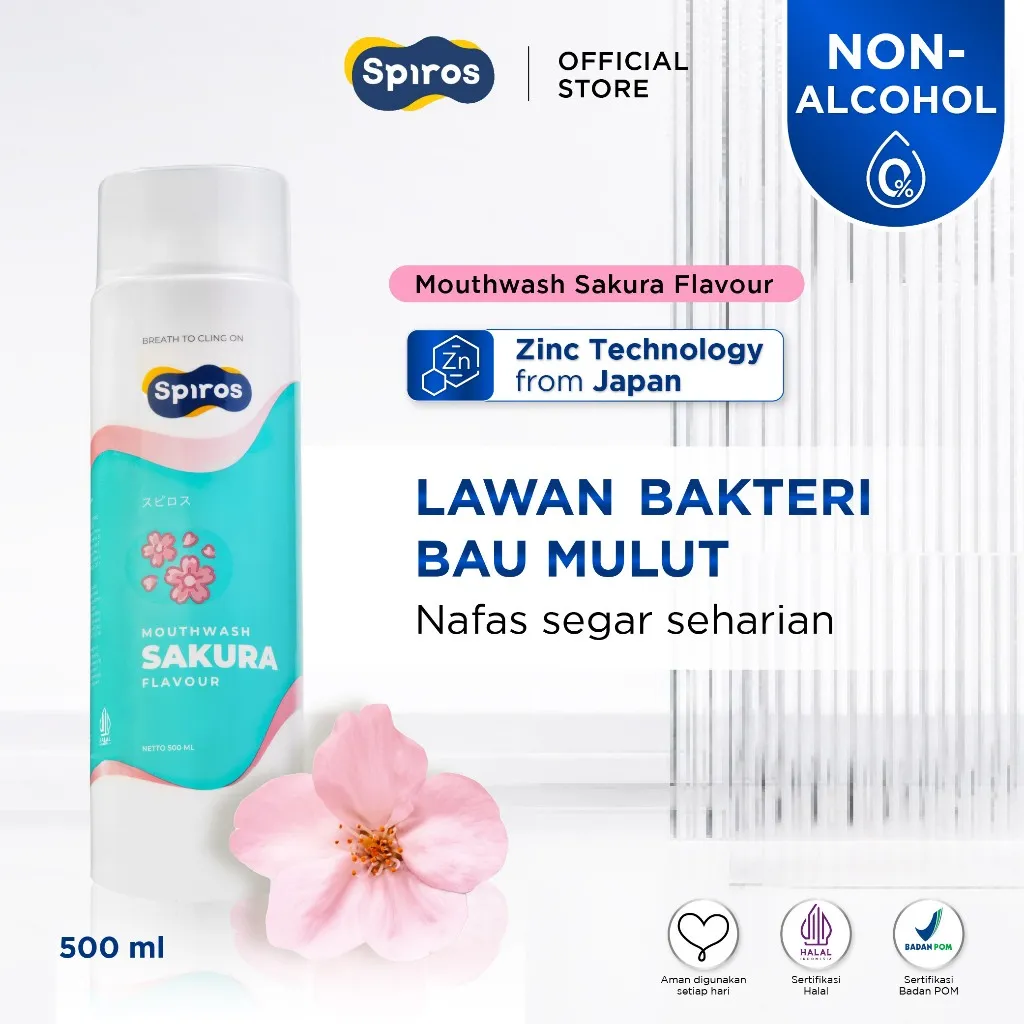 SPIROS | Mouthwash Sakura 500ml | Angkat Plak | Obat Kumur Penghilang Bau Mulut | Nafas Segar Seharian