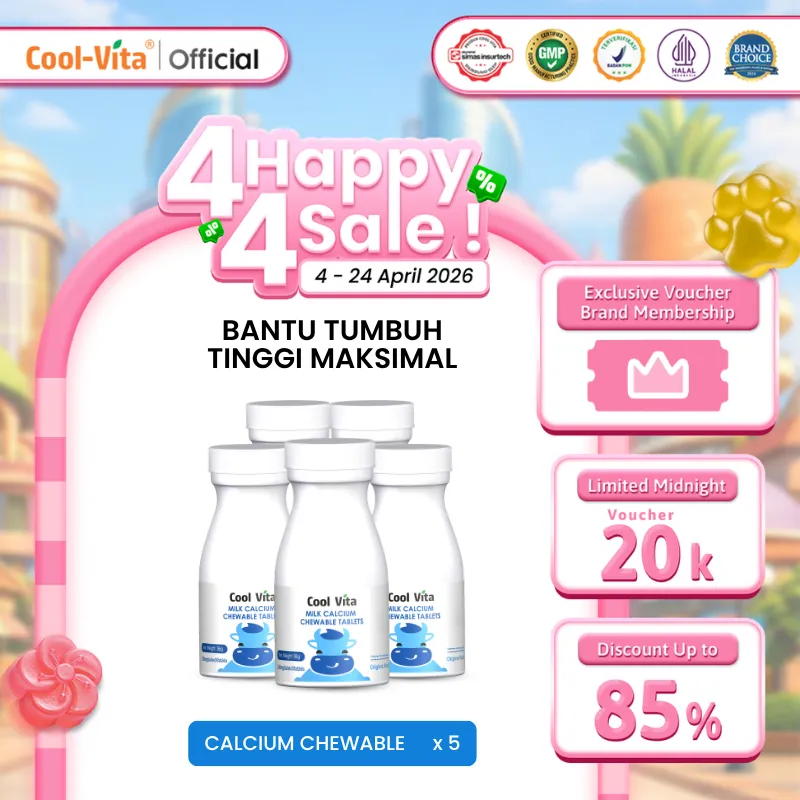 Coolvita Milk Calcium Chewable Tablets Original Flavor 5 Botol isi 150 Tablet - Suplemen Kesehatan Tablet Kunyah Kalsium Original & BPOM | Kuatkan Tulang, Gigi & Otot | Suplemen Kalsium dengan Susu New Zealand