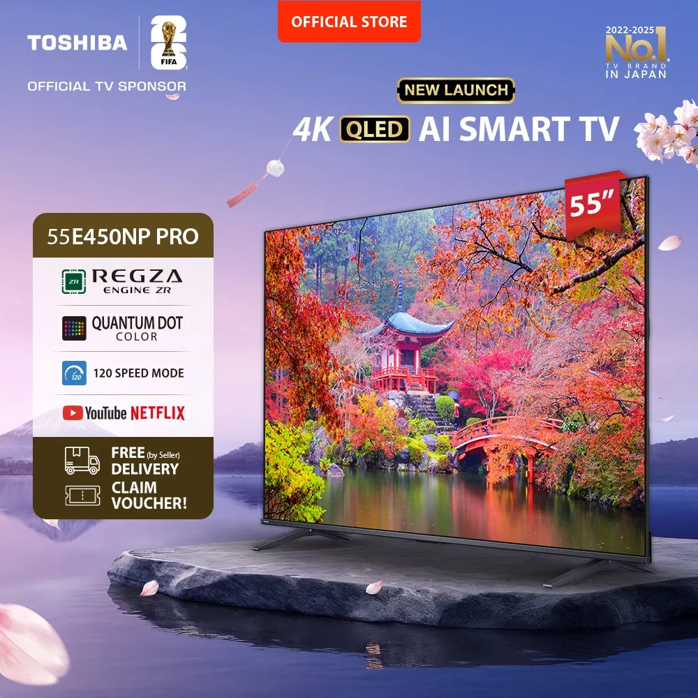 [AI 4K QLED] [KHUSUS ONLINE] Toshiba TV 55" 4K UHD QLED AI Smart TV PRO - Regza ZR Quantum Dot Dolby Vision Atmos Far Field Voice HDR10+ MEMC VRR ALLM Netflix Disney+ Youtube Screen Sharing Voice Control Wifi Bluetooth 5.0 HDMI 2.1 Digital - 55E450NP PRO