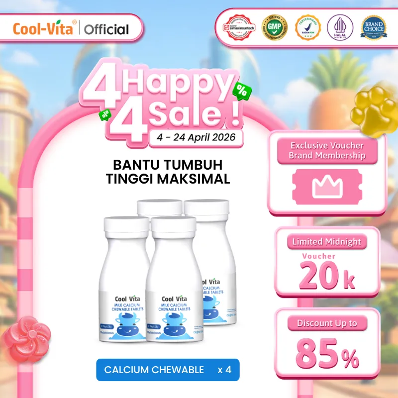 Coolvita Milk Calcium Chewable Tablets Original Flavor 4 Botol isi 120 Tablet - Suplemen Kesehatan Tablet Kunyah Kalsium