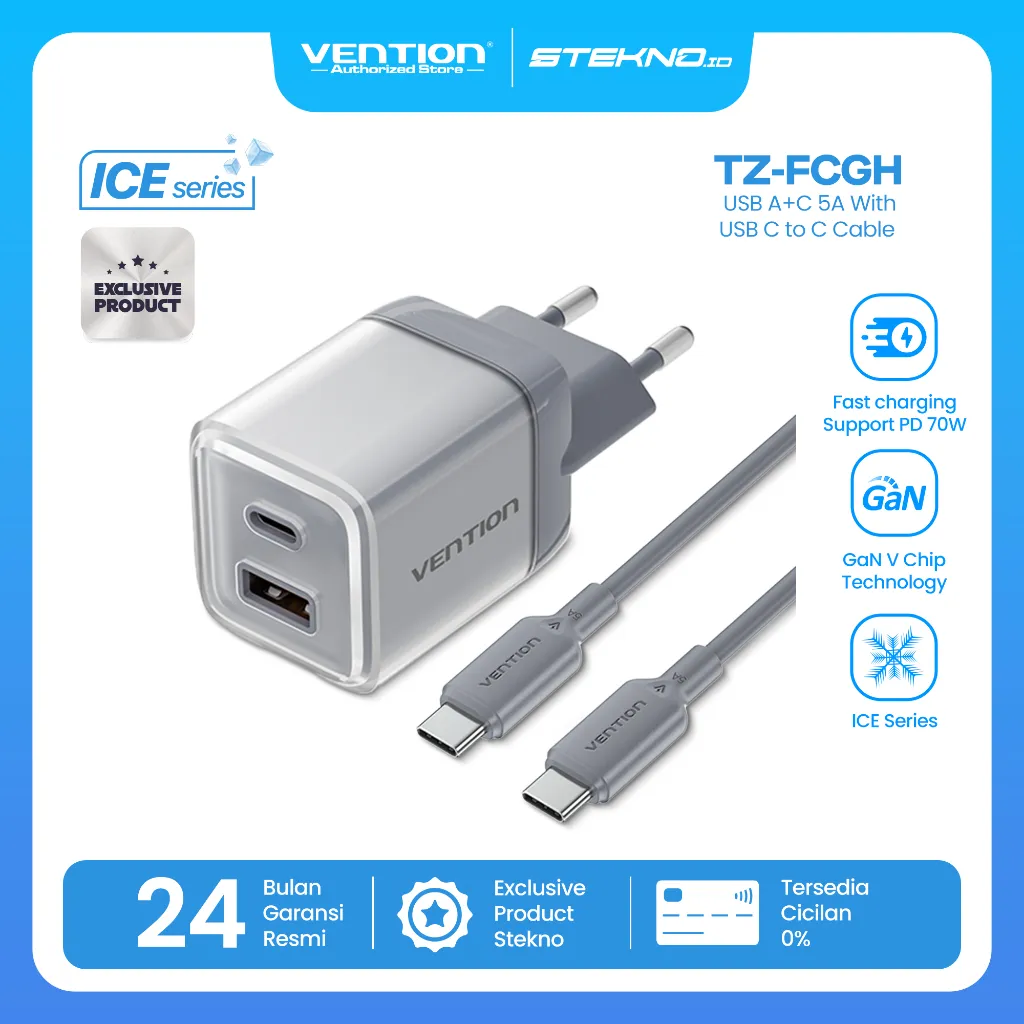 Vention GaN Charger 70W ICE Series + Kabel USB-C to USB-C 5A Fast Charging Adaptor iPhone Samsung Android Laptop PD PPS QC Dual Port