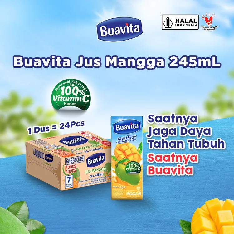 Buavita Juice Jus Kemasan Rasa Buah Asli Mangga 245ml x 24 Pieces (1 Carton)