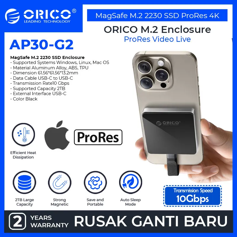 ORICO Magnetic MagSafe IPHONE ProRes M.2 NVME 2230 SSD Enclosure Direct External Recording 4K - AP30-G2