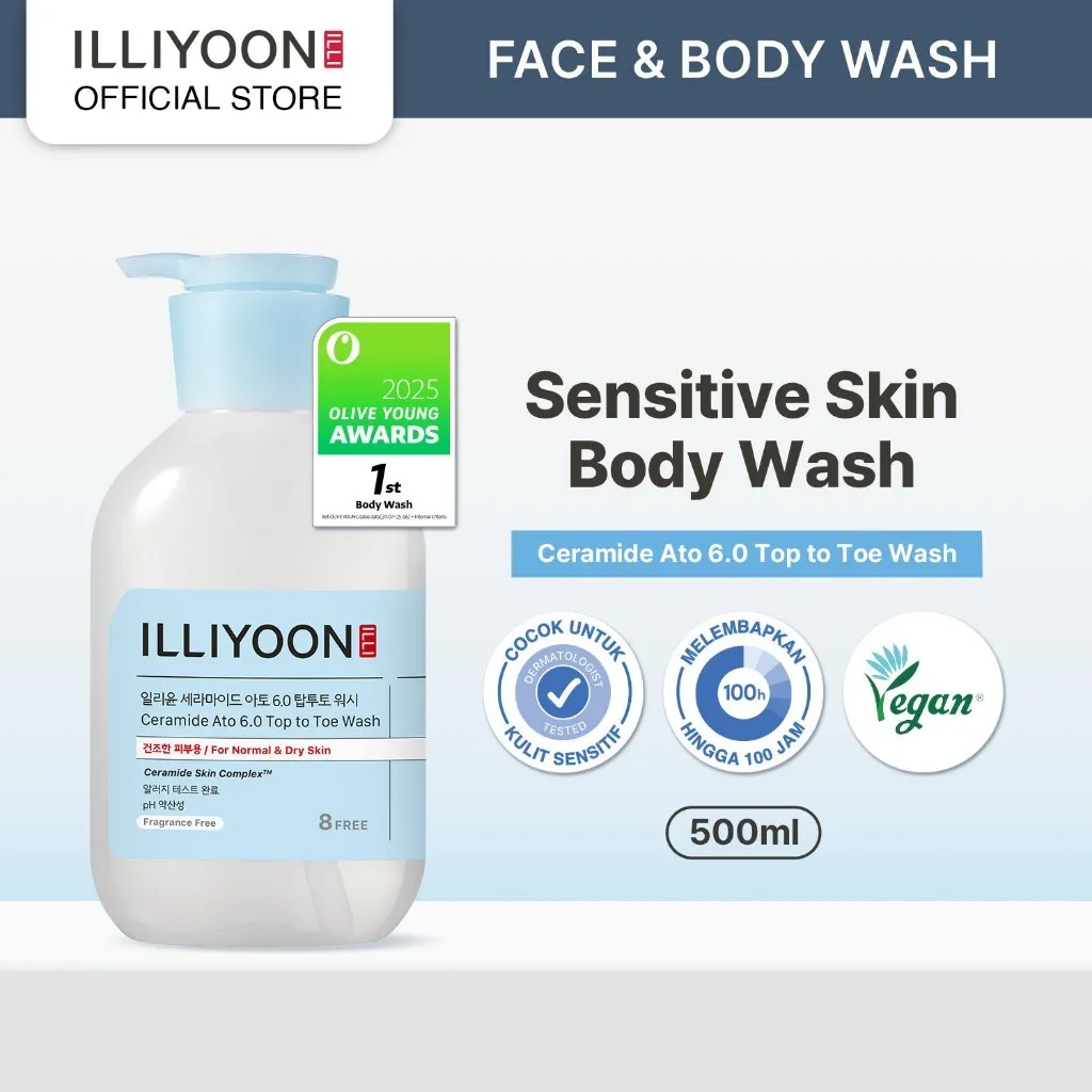 ILLIYOON Ceramide 6.0 Top To Toe Wash 500ml - Sensitive Skin, Hair, Face, & Body Wash - Sabun untuk Wajah, Tubuh, dan Rambut - Aman di Kulit Sensitif