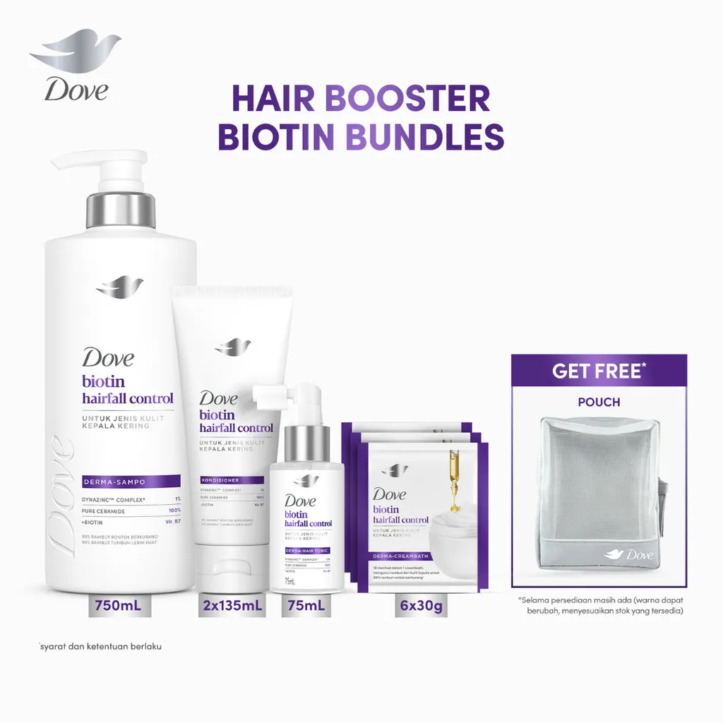 [Dove Bundle Booster Anti Rontok] Dove Hair Care Biotin Shampoo 750ml + Conditioner 135ml x2 + Tonic 75ml + Creambath 30gr x6 | Shampoo Perawatan Rambut Rontok | Hair Tonic Rambut Rontok | Hair Care Rambut Rontok |