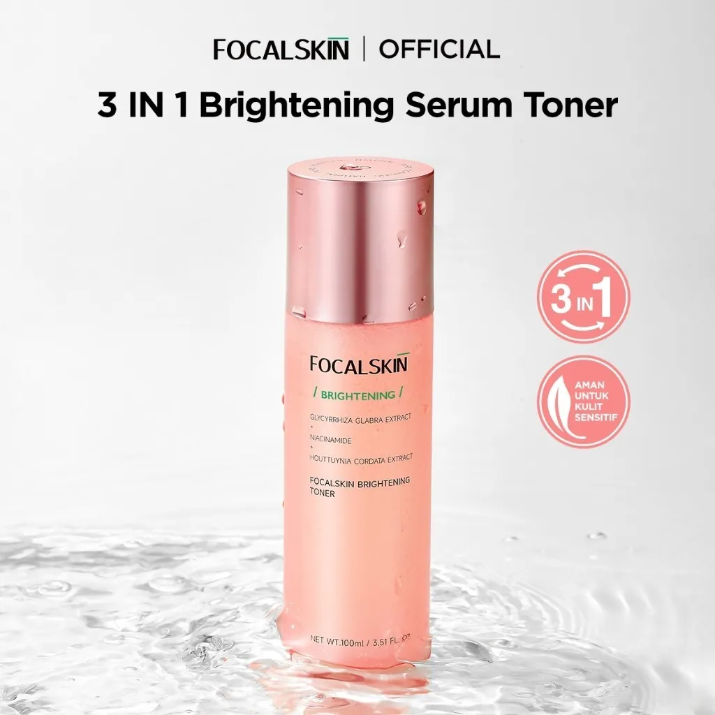 FOCALSKIN 3 IN 1 Brightening Serum Toner - Glycyrrhiza Glabra + Niacinamide Essence Toner Wajah Glowing Hydrating Eksfoliasi Acne Whitening Exfoliating Toner Badan Dark Spot Aman Untuk Kulit Sensitif Minimalist Skincare Prep for Makeup Glass Skin 100ml