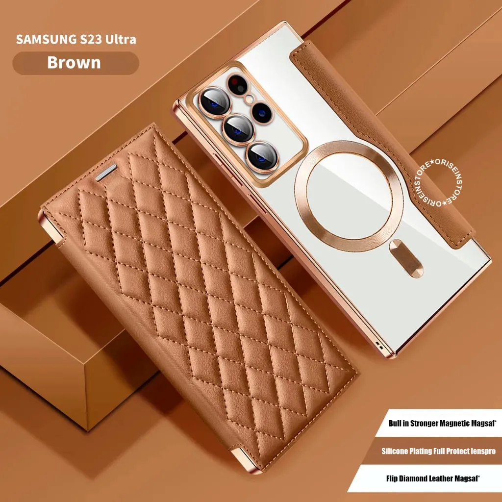 Diamond Flip Leather Magnetic Case Compatible For Samsung Galaxy A37 A56 A55  A57 A36 A35 A26 A17 A16 A15 A07 A06 A05s S23 S24 S25 S26 Ultra Plus s24FE Support Magsafe Kulit Wallet Cover With Slot Card Protection Casing SAM36