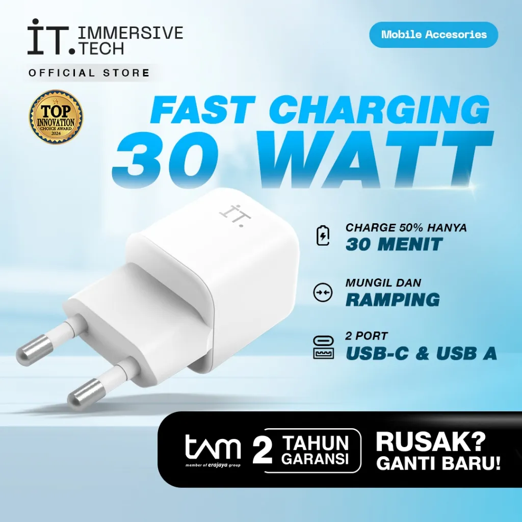IT Plug 30 Watt Cube Dual Port Type A&C PD & PPS Fast Charger - White
