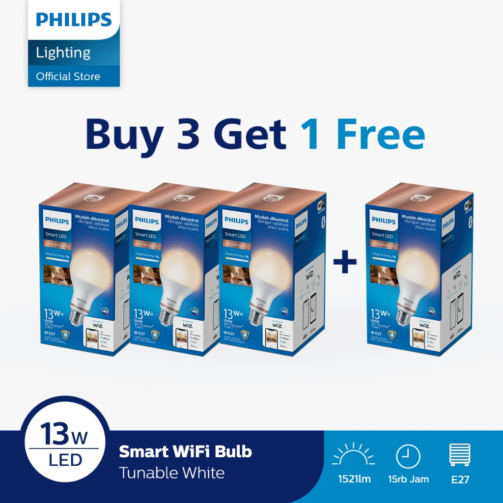 Beli 3 Gratis 1 Philips Lampu Smart WiFi LED 13W - Tunable White
