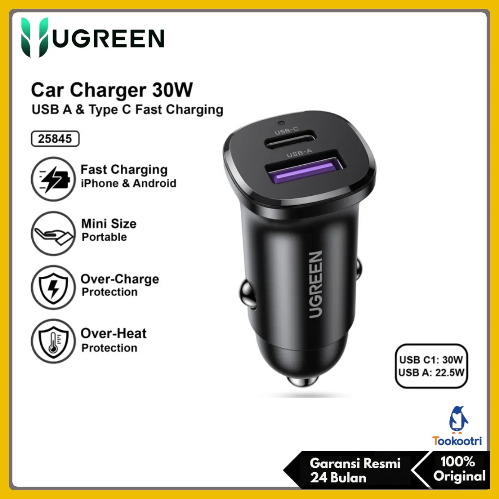 Car Charger UGREEN 30W TYPE C + USB Fast Charging PD QC 3.0