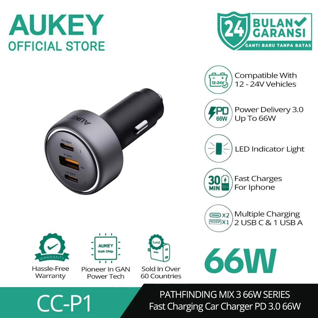 AUKEY Car Charger 66W & 100W USB C & USB A PD 3.0 QC 3.0 Multi Port PathFinder Mix 3 CC-P1 & CC-P3