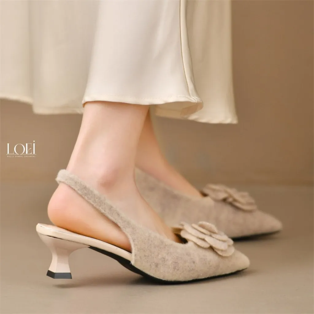 LOEI Roseline Heels Floral Slingback Feminim Bunga Sepatu Hak Wanita Style Korea R22