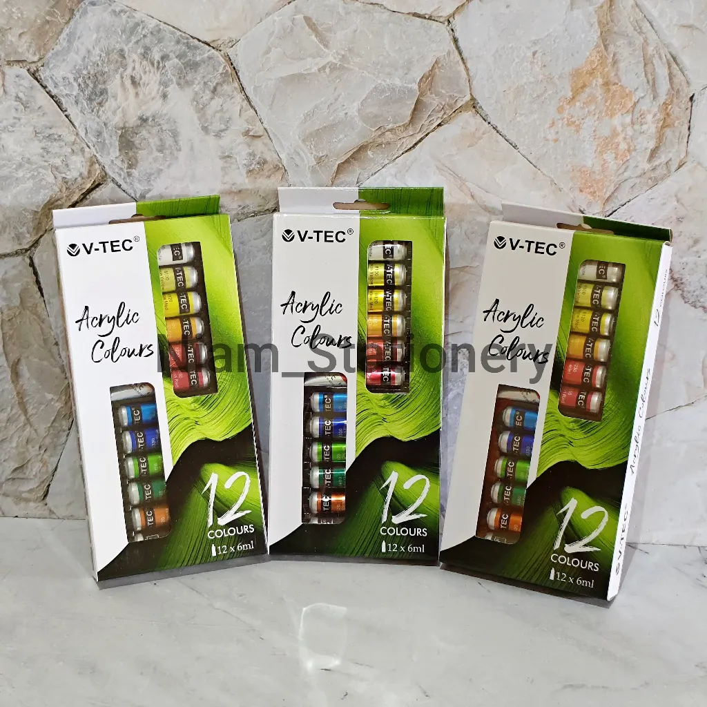 Azka SATU SET ( 12 WARNA x 6 ML ) Cat Acrilyc Cat Akrilik Cat Acrylic Merk V-Tec 6 ML 12 Warna