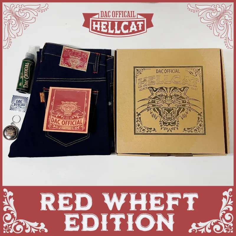 CELANA DENIM SELVEDGE 15 OZ ART HEELCAT SANFORIZED WEFT X MAROON ACCENT SELVEDGE WEFT MERAH RAW DENIM KAKU INDIGO