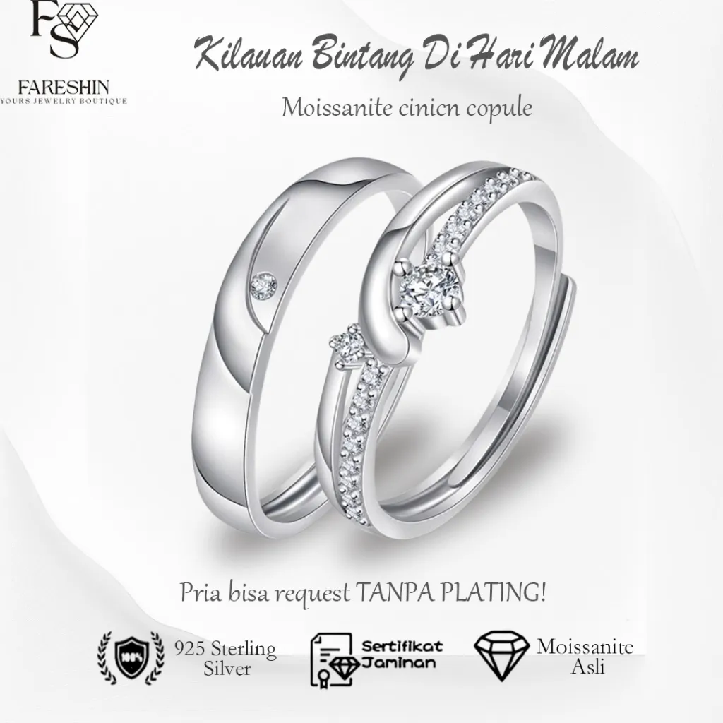 Fareshin Cincin Couple Pria Wanita Cincin Tunangan Moissanite Ring Sertifikat GRA