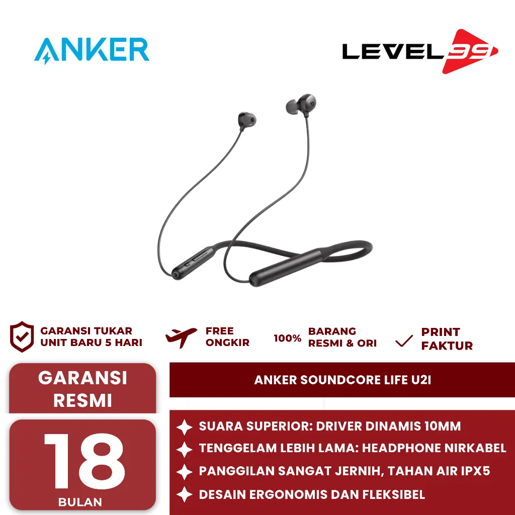 Anker Soundcore Life U2i / U2 i / U 2i Wireless Neckband Headphones 10mm Drivers with BassUp Technology - TWS ANKER (SOUNDCORE) LIFE U2I - A3231