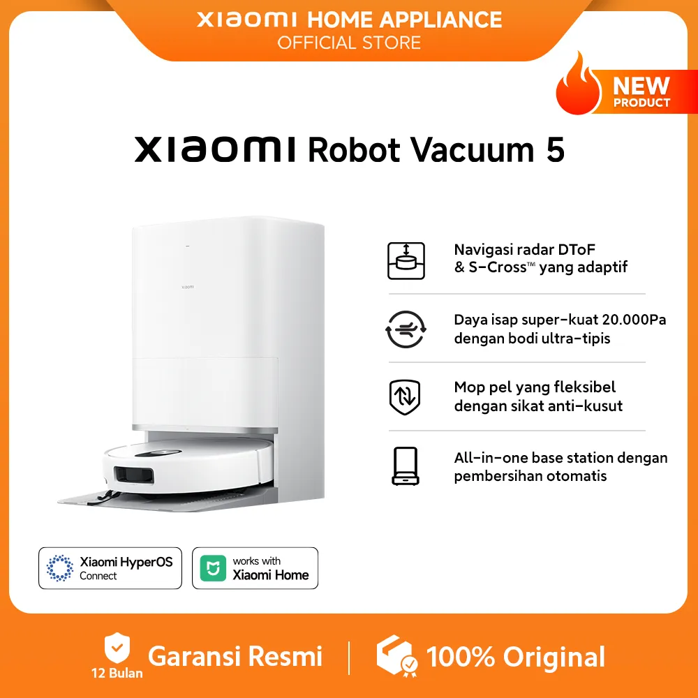Xiaomi Robot Vacuum 5 | Navigasi radar DToF & S-Cross adaptif | Daya isap super kuat 20.000Pa dengan bodi ultra-tipis | Mop pel fleksibel sikat anti kusut | Vacuum Cleaner [Xiaomi Official Store]
