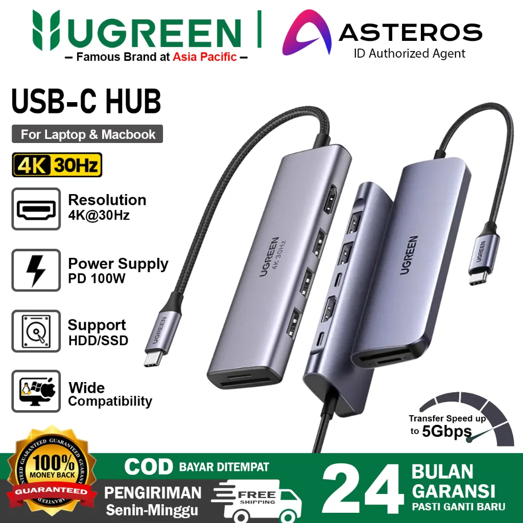 UGREEN Usb HUB Type C To USB 3.0 HDMI VGA, TF/SD Card, Ethernet, Audio Multifungsi