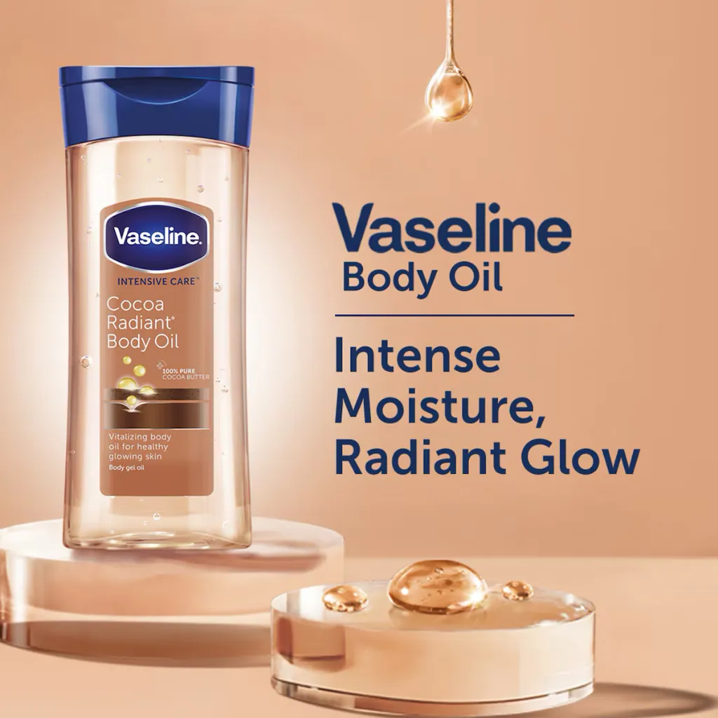 Vaseline Intensive Care Cocoa Radiant BodyOil Gel 200ml | Mencerahkan & Melembapkan Kulit Kering 100% Pure Cocoa Butter