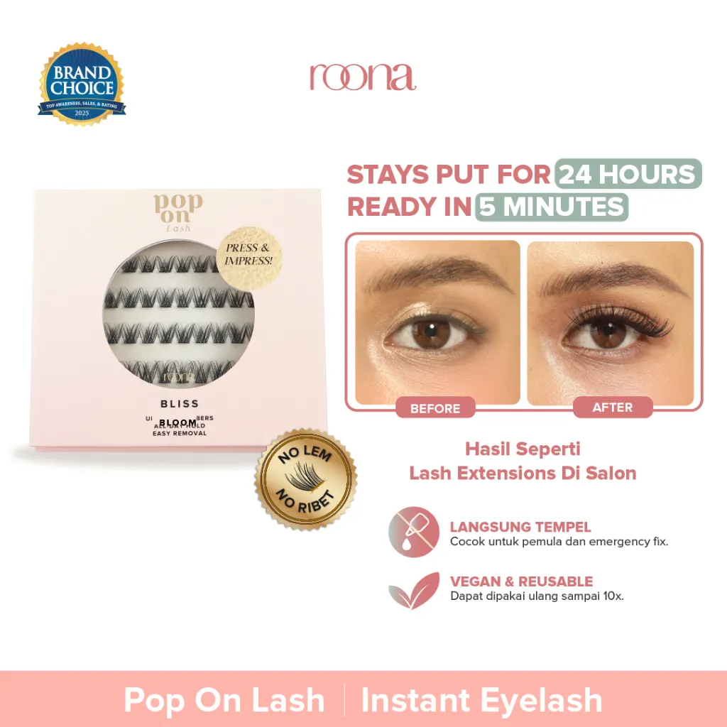 ROONA - Pop-On Lash [Langsung Tempel] Cluster Individual Lashes | Bulumata Palsu Dengan Perekat, Bulu Mata Langsung Nempel Tanpa Lem, Eyelash