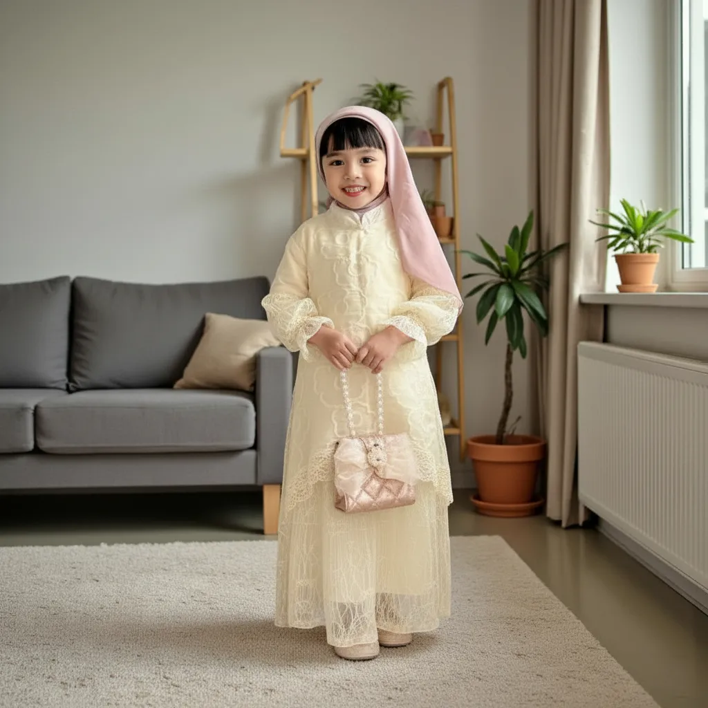 Isabella Gamis Bini Orang Long Dress Malaysia Anak Perempuan 2026 Free Belt Bahan Fairy Crepe Fancy Embroidery Mix Brukat Chantily Luxury