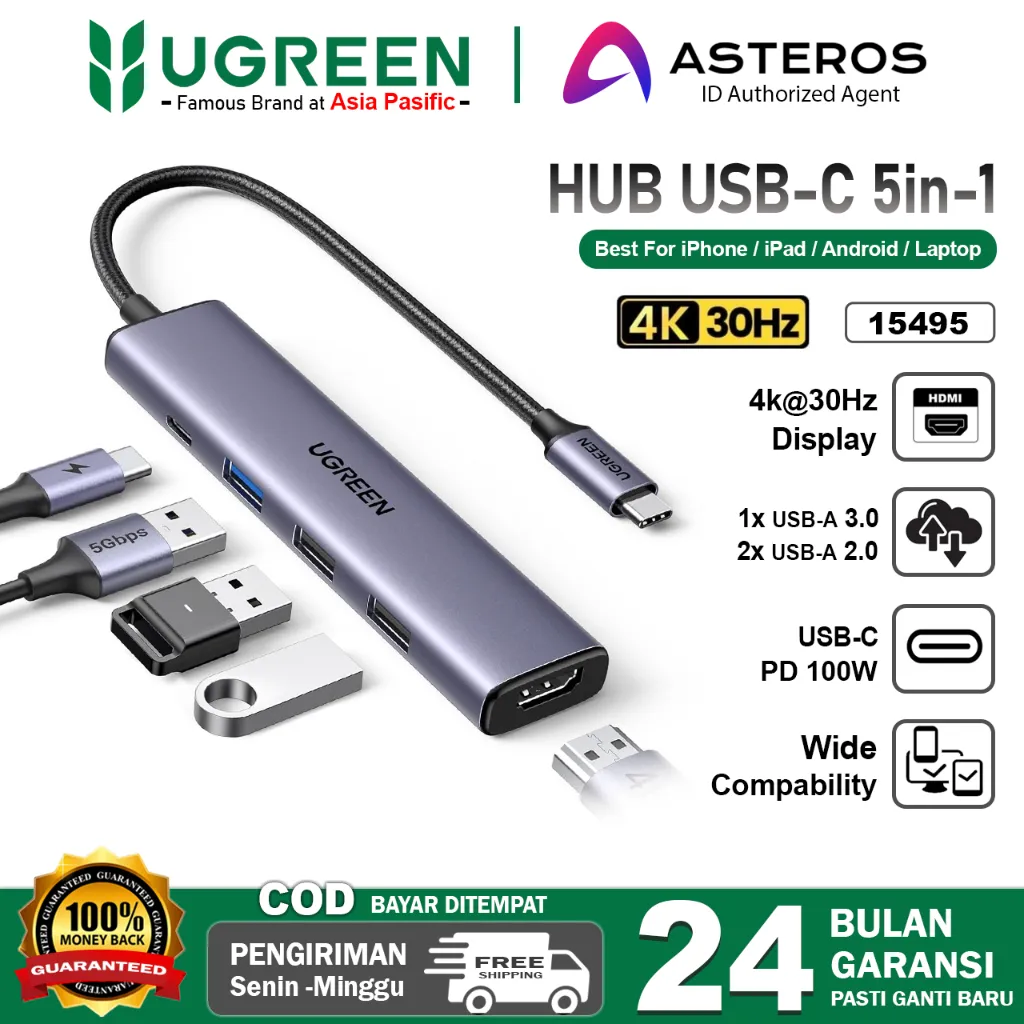 UGREEN USB HUB 5in 1 Type C To USB 3.0, HDMI 4K 30Hz For Android, Laptop, Macbook 15495